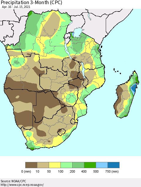 Southern Africa Precipitation 3-Month (CPC) Thematic Map For 4/16/2021 - 7/15/2021
