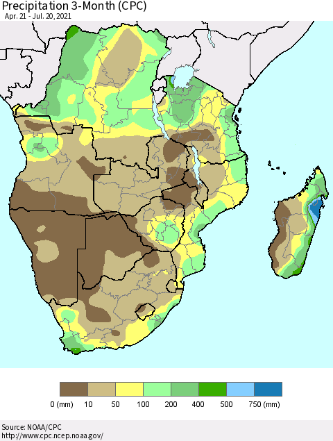 Southern Africa Precipitation 3-Month (CPC) Thematic Map For 4/21/2021 - 7/20/2021