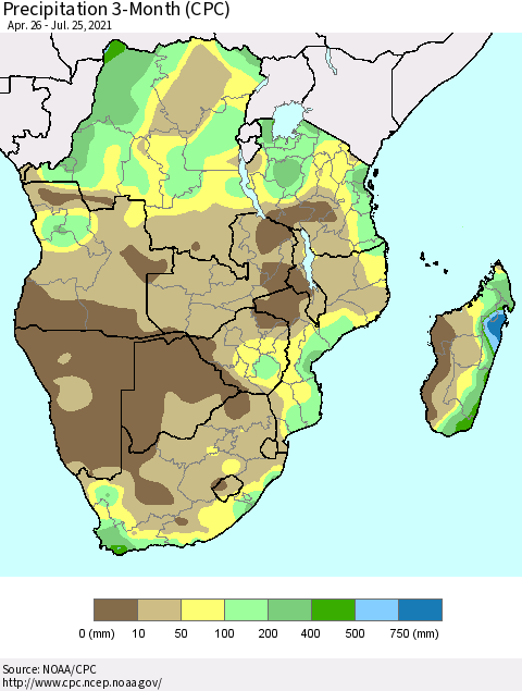 Southern Africa Precipitation 3-Month (CPC) Thematic Map For 4/26/2021 - 7/25/2021