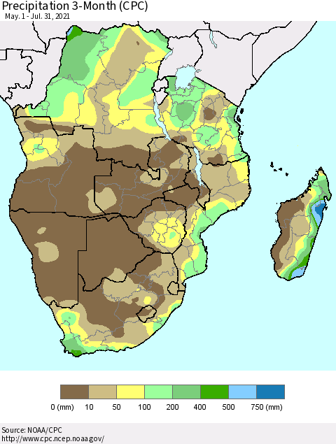 Southern Africa Precipitation 3-Month (CPC) Thematic Map For 5/1/2021 - 7/31/2021