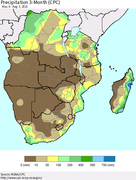 Southern Africa Precipitation 3-Month (CPC) Thematic Map For 5/6/2021 - 8/5/2021