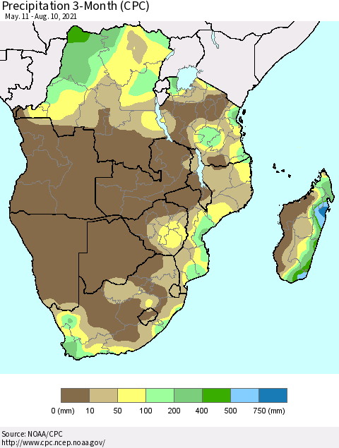 Southern Africa Precipitation 3-Month (CPC) Thematic Map For 5/11/2021 - 8/10/2021