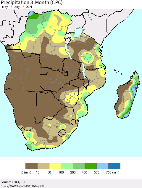 Southern Africa Precipitation 3-Month (CPC) Thematic Map For 5/16/2021 - 8/15/2021
