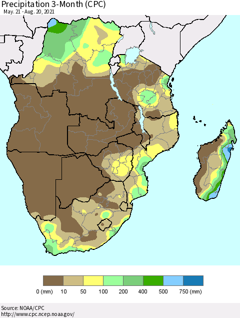 Southern Africa Precipitation 3-Month (CPC) Thematic Map For 5/21/2021 - 8/20/2021