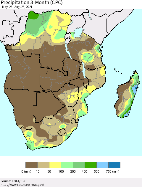 Southern Africa Precipitation 3-Month (CPC) Thematic Map For 5/26/2021 - 8/25/2021