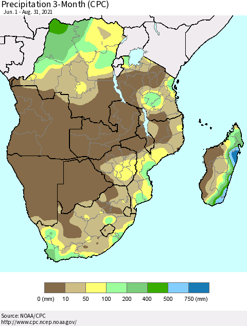 Southern Africa Precipitation 3-Month (CPC) Thematic Map For 6/1/2021 - 8/31/2021