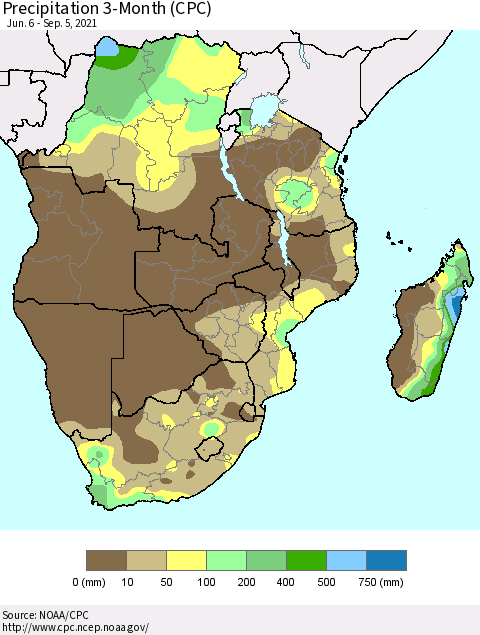 Southern Africa Precipitation 3-Month (CPC) Thematic Map For 6/6/2021 - 9/5/2021