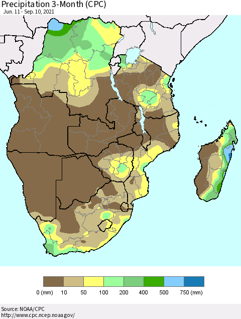 Southern Africa Precipitation 3-Month (CPC) Thematic Map For 6/11/2021 - 9/10/2021