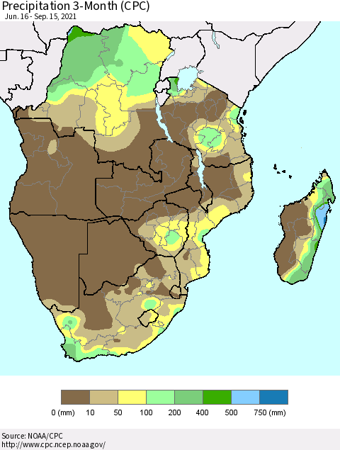Southern Africa Precipitation 3-Month (CPC) Thematic Map For 6/16/2021 - 9/15/2021