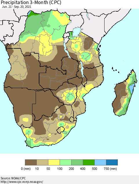 Southern Africa Precipitation 3-Month (CPC) Thematic Map For 6/21/2021 - 9/20/2021