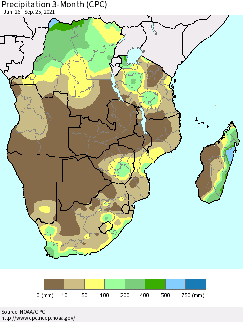 Southern Africa Precipitation 3-Month (CPC) Thematic Map For 6/26/2021 - 9/25/2021
