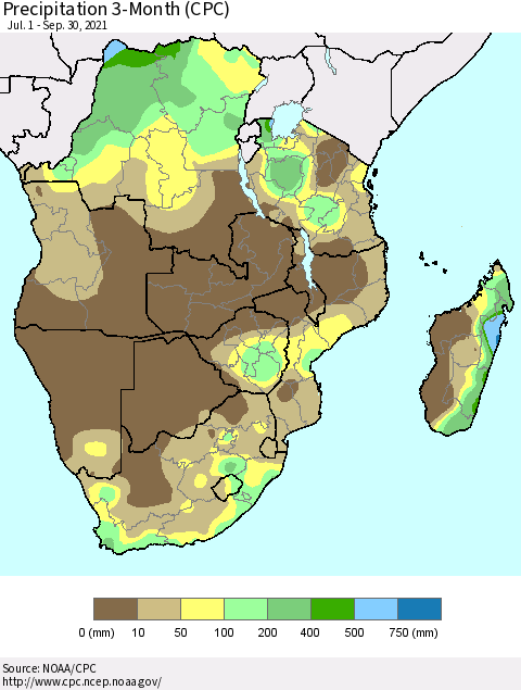 Southern Africa Precipitation 3-Month (CPC) Thematic Map For 7/1/2021 - 9/30/2021