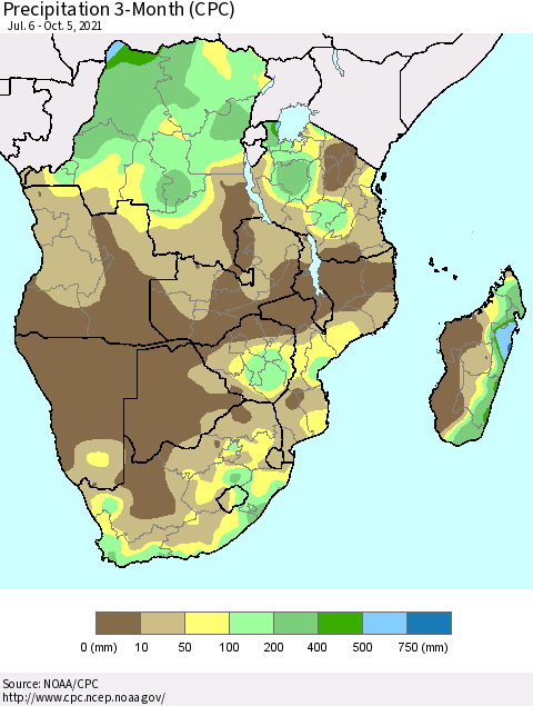 Southern Africa Precipitation 3-Month (CPC) Thematic Map For 7/6/2021 - 10/5/2021
