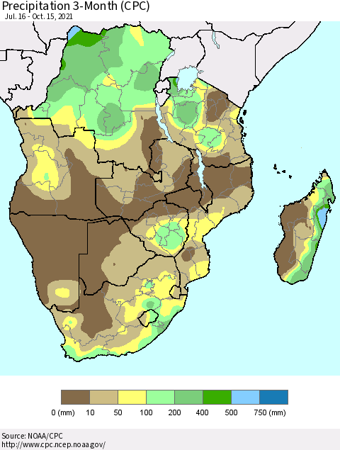 Southern Africa Precipitation 3-Month (CPC) Thematic Map For 7/16/2021 - 10/15/2021