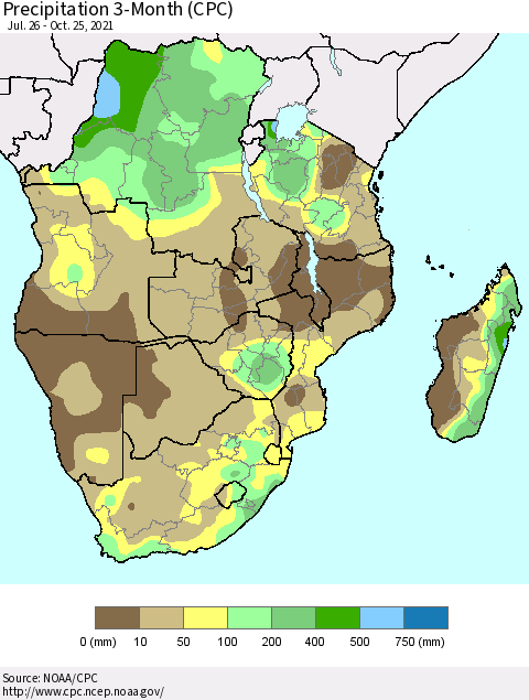 Southern Africa Precipitation 3-Month (CPC) Thematic Map For 7/26/2021 - 10/25/2021