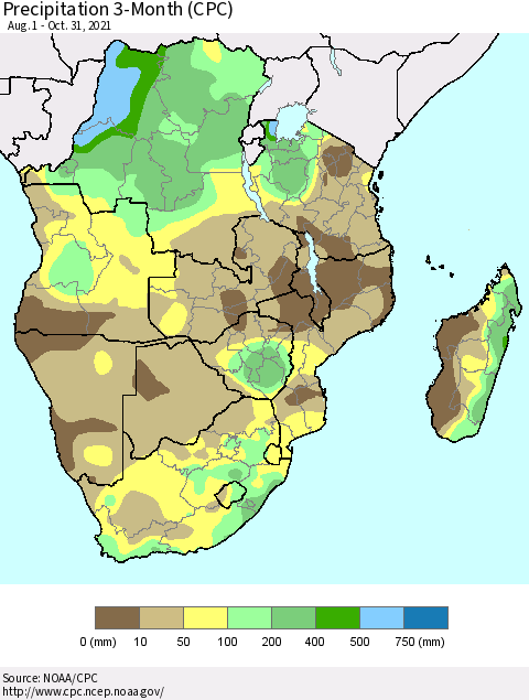 Southern Africa Precipitation 3-Month (CPC) Thematic Map For 8/1/2021 - 10/31/2021