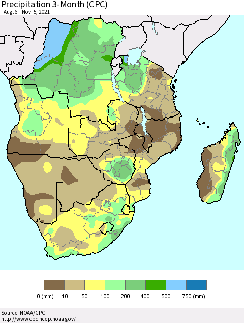 Southern Africa Precipitation 3-Month (CPC) Thematic Map For 8/6/2021 - 11/5/2021