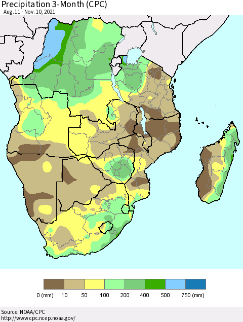 Southern Africa Precipitation 3-Month (CPC) Thematic Map For 8/11/2021 - 11/10/2021