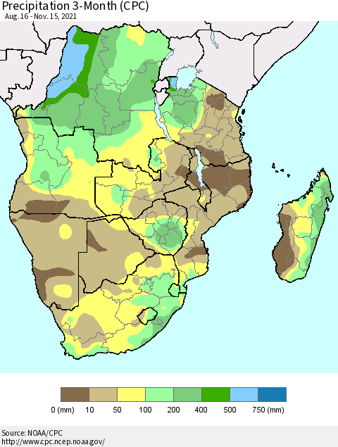 Southern Africa Precipitation 3-Month (CPC) Thematic Map For 8/16/2021 - 11/15/2021