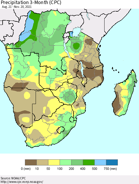 Southern Africa Precipitation 3-Month (CPC) Thematic Map For 8/21/2021 - 11/20/2021