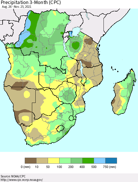 Southern Africa Precipitation 3-Month (CPC) Thematic Map For 8/26/2021 - 11/25/2021