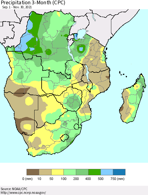 Southern Africa Precipitation 3-Month (CPC) Thematic Map For 9/1/2021 - 11/30/2021