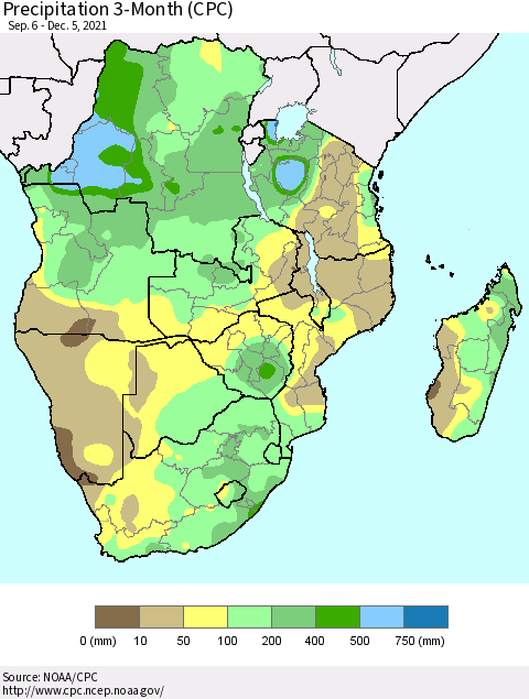 Southern Africa Precipitation 3-Month (CPC) Thematic Map For 9/6/2021 - 12/5/2021