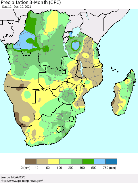 Southern Africa Precipitation 3-Month (CPC) Thematic Map For 9/11/2021 - 12/10/2021
