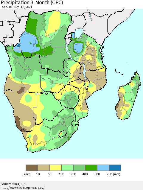 Southern Africa Precipitation 3-Month (CPC) Thematic Map For 9/16/2021 - 12/15/2021