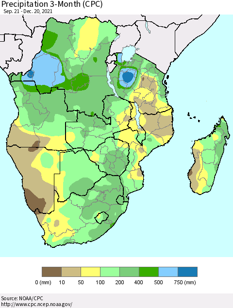 Southern Africa Precipitation 3-Month (CPC) Thematic Map For 9/21/2021 - 12/20/2021