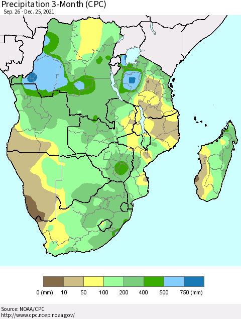 Southern Africa Precipitation 3-Month (CPC) Thematic Map For 9/26/2021 - 12/25/2021