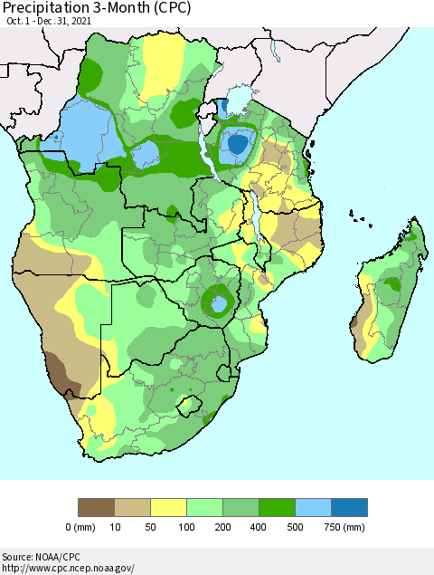Southern Africa Precipitation 3-Month (CPC) Thematic Map For 10/1/2021 - 12/31/2021