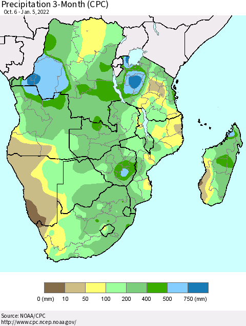 Southern Africa Precipitation 3-Month (CPC) Thematic Map For 10/6/2021 - 1/5/2022