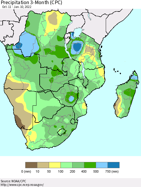 Southern Africa Precipitation 3-Month (CPC) Thematic Map For 10/11/2021 - 1/10/2022