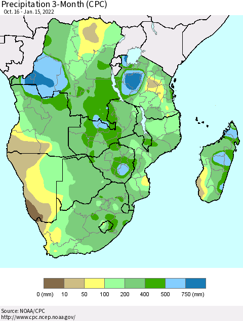 Southern Africa Precipitation 3-Month (CPC) Thematic Map For 10/16/2021 - 1/15/2022