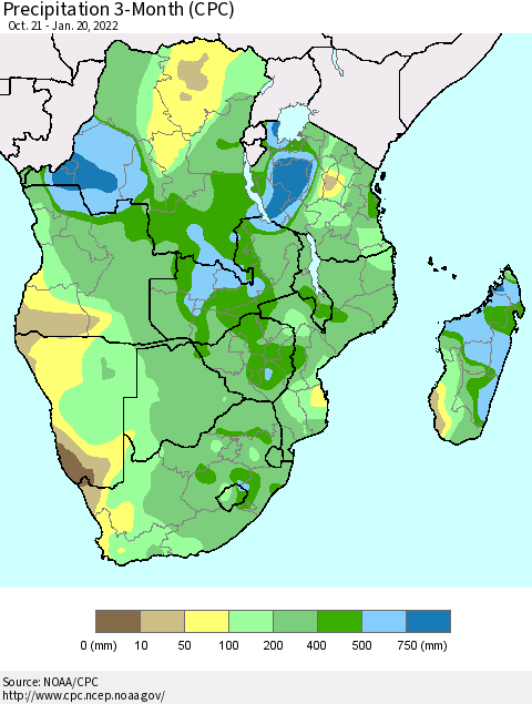 Southern Africa Precipitation 3-Month (CPC) Thematic Map For 10/21/2021 - 1/20/2022