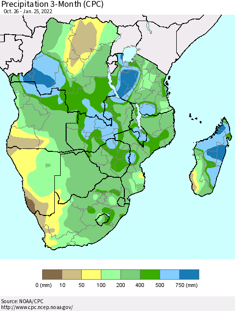Southern Africa Precipitation 3-Month (CPC) Thematic Map For 10/26/2021 - 1/25/2022