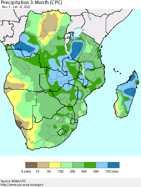 Southern Africa Precipitation 3-Month (CPC) Thematic Map For 11/1/2021 - 1/31/2022