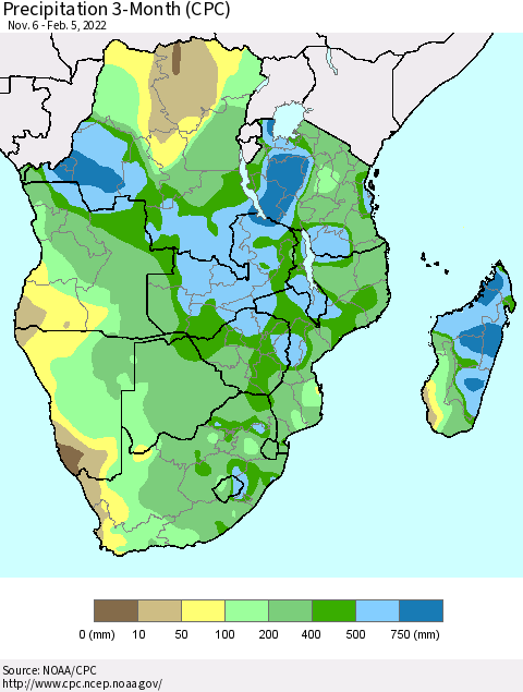 Southern Africa Precipitation 3-Month (CPC) Thematic Map For 11/6/2021 - 2/5/2022