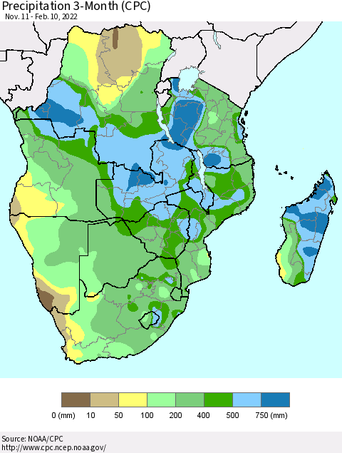 Southern Africa Precipitation 3-Month (CPC) Thematic Map For 11/11/2021 - 2/10/2022