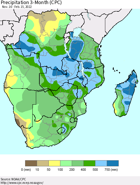 Southern Africa Precipitation 3-Month (CPC) Thematic Map For 11/16/2021 - 2/15/2022