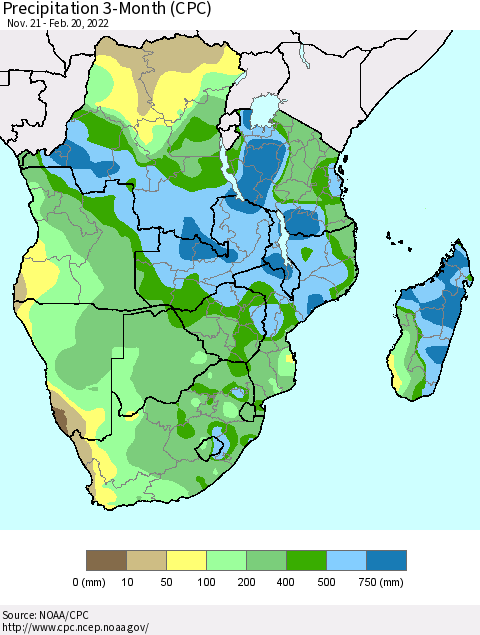 Southern Africa Precipitation 3-Month (CPC) Thematic Map For 11/21/2021 - 2/20/2022