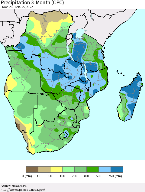 Southern Africa Precipitation 3-Month (CPC) Thematic Map For 11/26/2021 - 2/25/2022