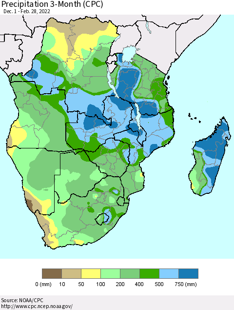 Southern Africa Precipitation 3-Month (CPC) Thematic Map For 12/1/2021 - 2/28/2022