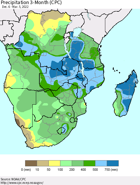 Southern Africa Precipitation 3-Month (CPC) Thematic Map For 12/6/2021 - 3/5/2022