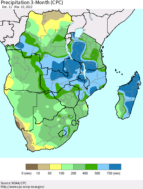 Southern Africa Precipitation 3-Month (CPC) Thematic Map For 12/11/2021 - 3/10/2022