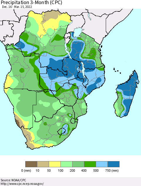 Southern Africa Precipitation 3-Month (CPC) Thematic Map For 12/16/2021 - 3/15/2022