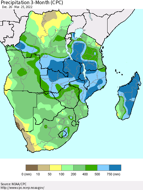 Southern Africa Precipitation 3-Month (CPC) Thematic Map For 12/26/2021 - 3/25/2022
