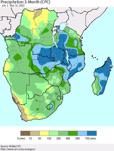 Southern Africa Precipitation 3-Month (CPC) Thematic Map For 1/1/2022 - 3/31/2022