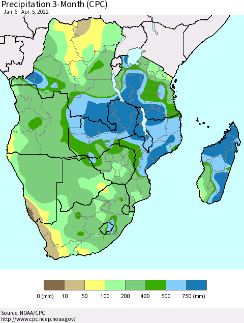 Southern Africa Precipitation 3-Month (CPC) Thematic Map For 1/6/2022 - 4/5/2022